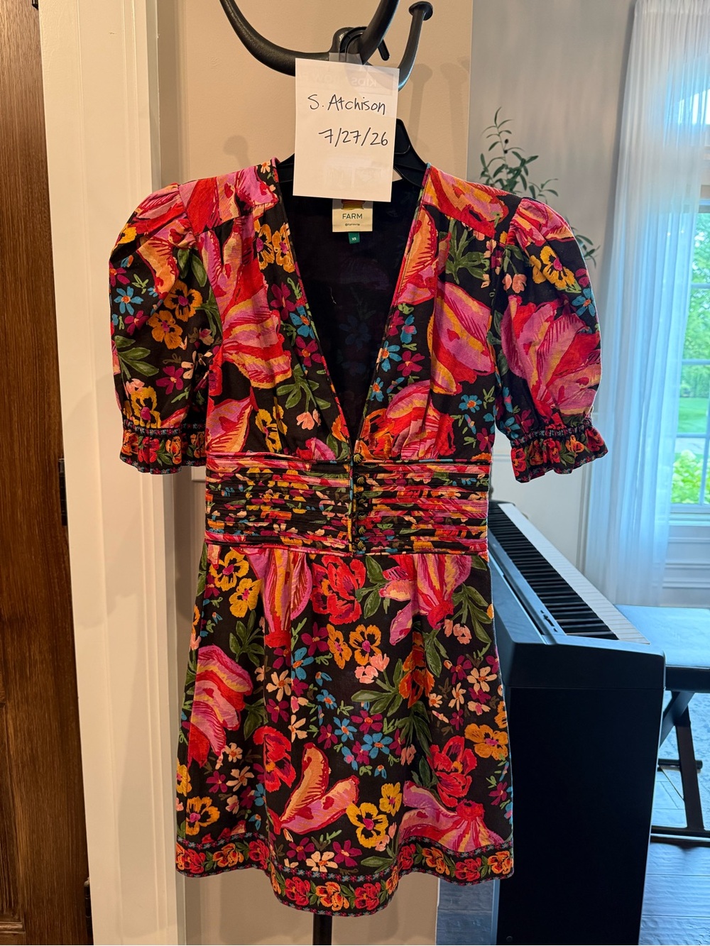 FARM Rio Black Floral Puff-Sleeve Mini Dress - size xs